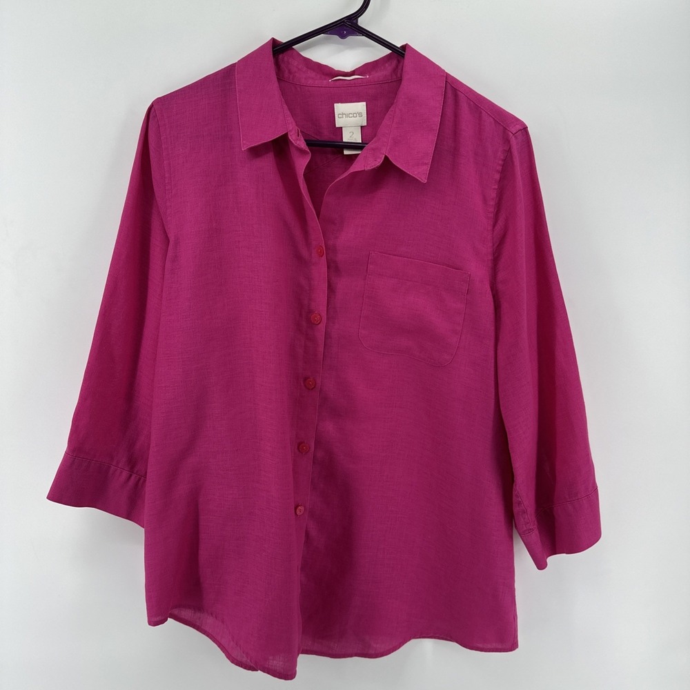 Chico's No-Iron 100% Linen Button Down Shirt Hot Pink Size 2 Large 3/4 Sleeve